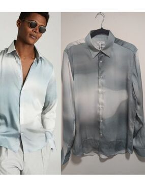 Reiss | Cinder Abstract Ombre Satin Button Down Shirt In Sage Gray